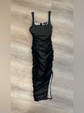 Lulus Black Sheer Mesh Ruched Midi Dress Size XS Bodycon Lined